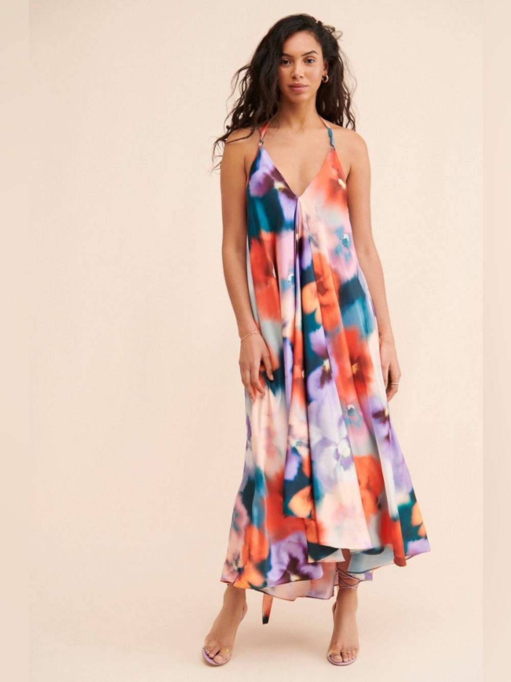 Especia Alejandra Maxi Halter Dress - Floral Watercolor V-Neck